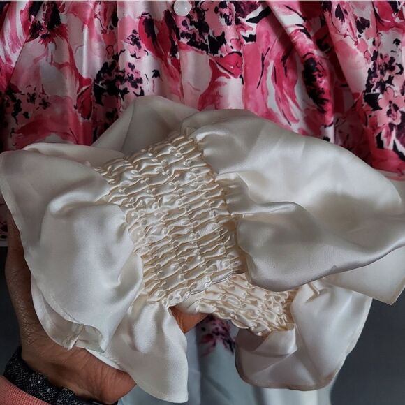 NEW Anne Klein Petite Printed Ruffle-Neck Long-Sleeve Satin Top PXS - Picture 5 of 10